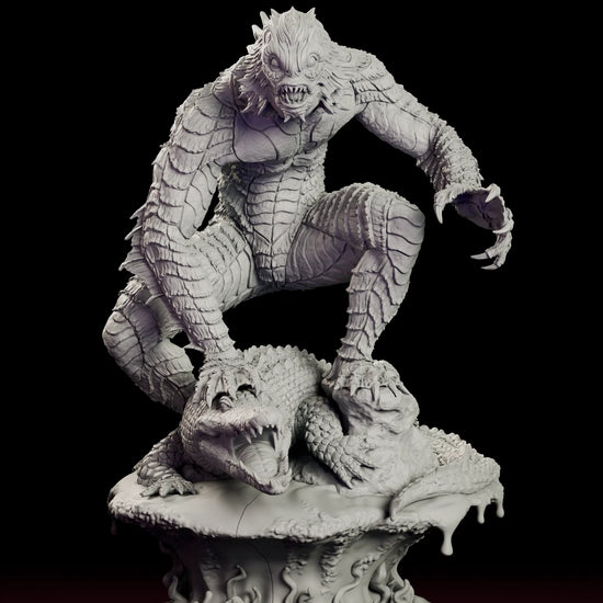Rotating view of the Predator of the Lagoon figure model kit crouched over a dead alligator on a mud-bank base