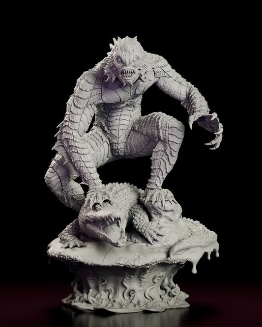 Rotating view of the Predator of the Lagoon figure model kit crouched over a dead alligator on a mud-bank base