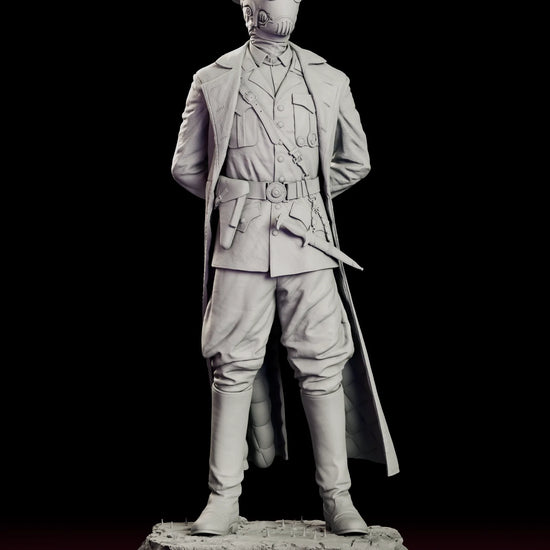 Rotating view of the Karl Kroenen figure model kit showing the masked assassin standing at parade rest in a long greatcoat on a cracked ground base