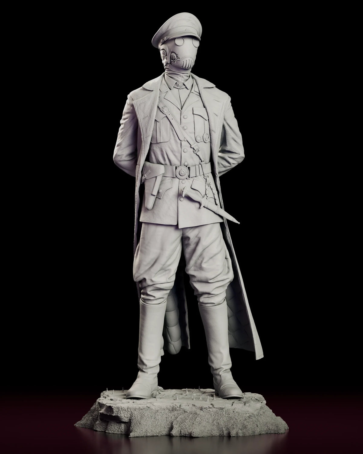 Rotating view of the Karl Kroenen figure model kit showing the masked assassin standing at parade rest in a long greatcoat on a cracked ground base