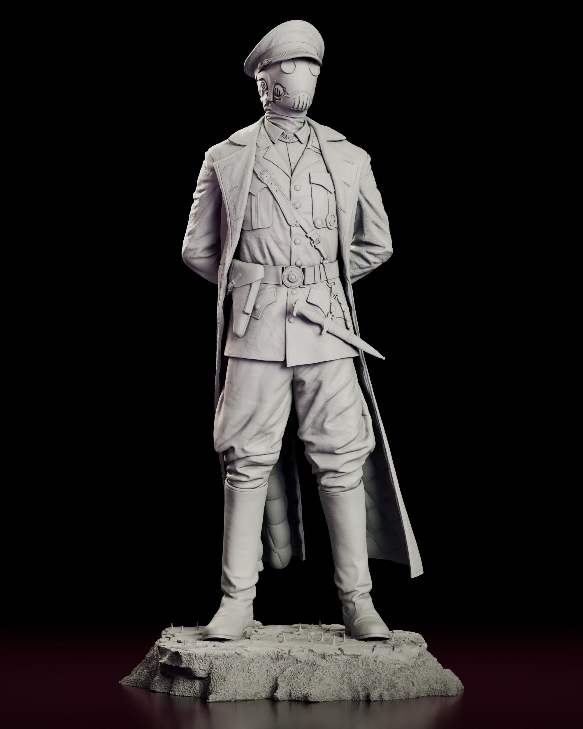 Rotating view of the Karl Kroenen figure model kit showing the masked assassin standing at parade rest in a long greatcoat on a cracked ground base
