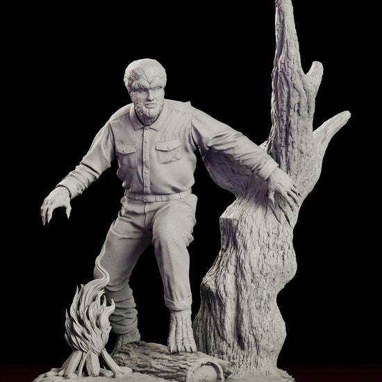 Rotating 360 degree view of the Prowling the Woods Classic Wolfman figure model kit, showing the crouched werewolf in a work shirt and cuffed trousers, one clawed hand braced on a dead tree above a campfire on a woodland base