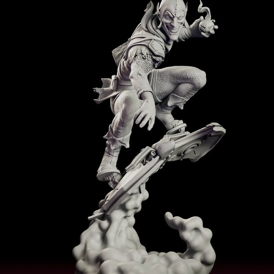 Rotating view of the Green Goblin figure model kit crouched on his glider holding a lit pumpkin bomb above a plume of exhaust smoke