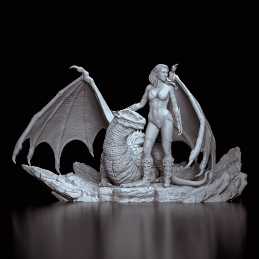 Pyralis - female warrior with her hand on her dragon companion, 360 degree turntable. Detailed resin figure kit by Kuton.