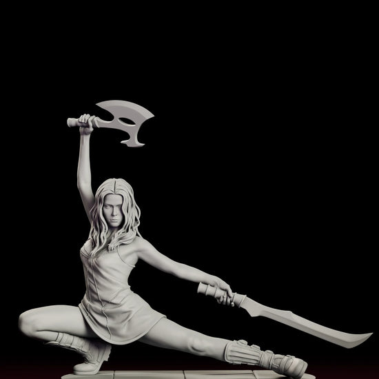 Rotating 360 degree view of the River Tam figure model kit, showing the low fighting stance with one leg folded and one extended, an axe raised overhead, a curved sword held out low and long carved hair falling over a sleeveless dress