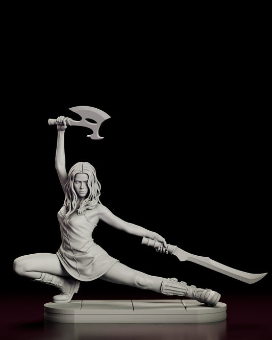 Rotating 360 degree view of the River Tam figure model kit, showing the low fighting stance with one leg folded and one extended, an axe raised overhead, a curved sword held out low and long carved hair falling over a sleeveless dress
