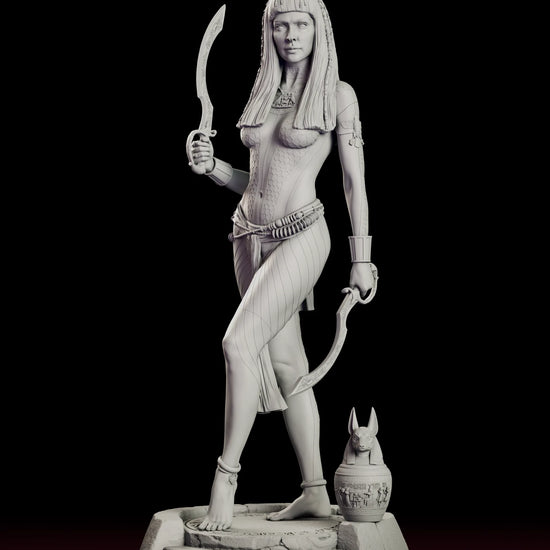 Rotating view of the Anck-Su-Namun figure model kit turning to show the carved scalework, the twin curved blades and the Anubis canopic jar on the stepped stone base