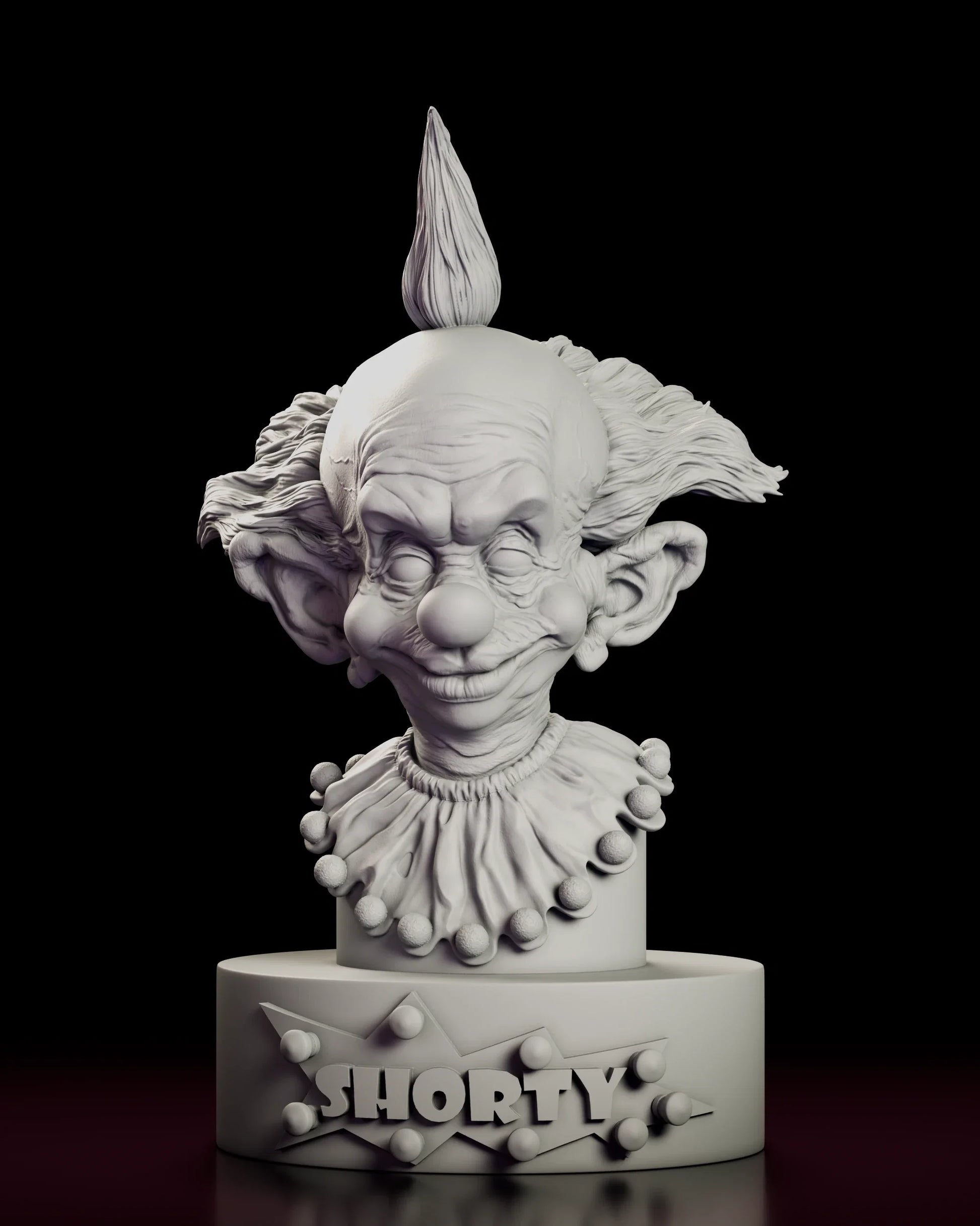Full 360 degree turntable of the Shorty bust figure model kit, showing the pointed topknot, huge ears and pompom-trimmed collar above a lettered plinth