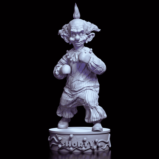 360-degree turntable view of Shorty maquette from Killer Klowns, showing clown boxing pose, ruffled costume, and whimsical horror details