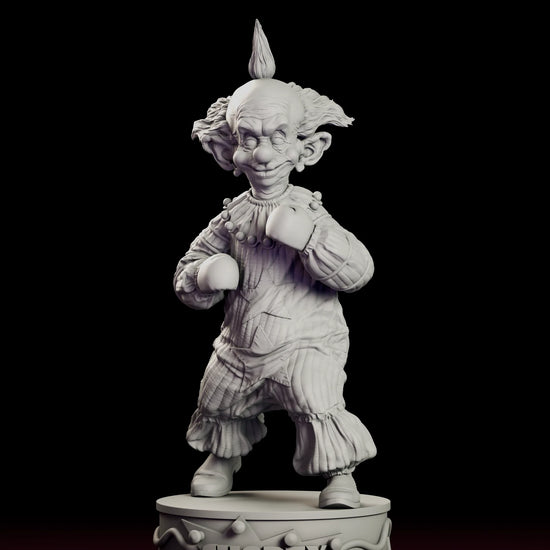 Full 360 degree turntable of the Shorty figure model kit, showing the small clown squared up with both padded mitts raised on a star-lettered plinth