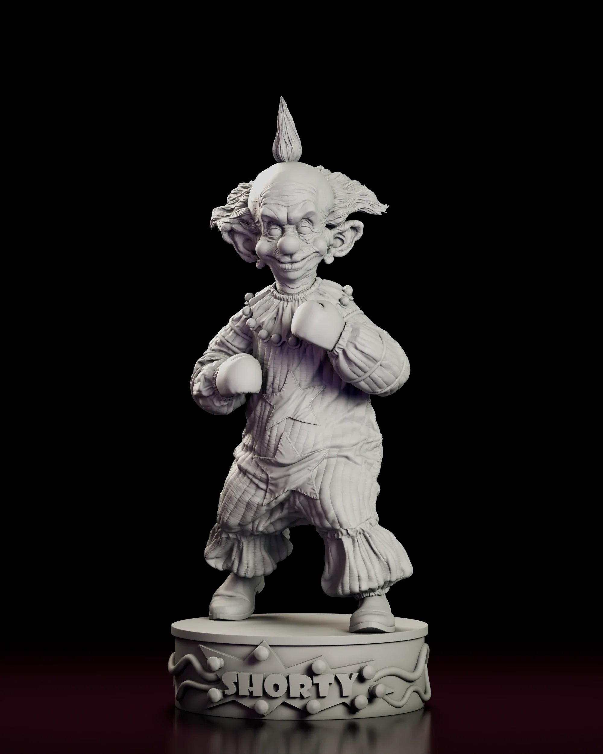 Full 360 degree turntable of the Shorty figure model kit, showing the small clown squared up with both padded mitts raised on a star-lettered plinth