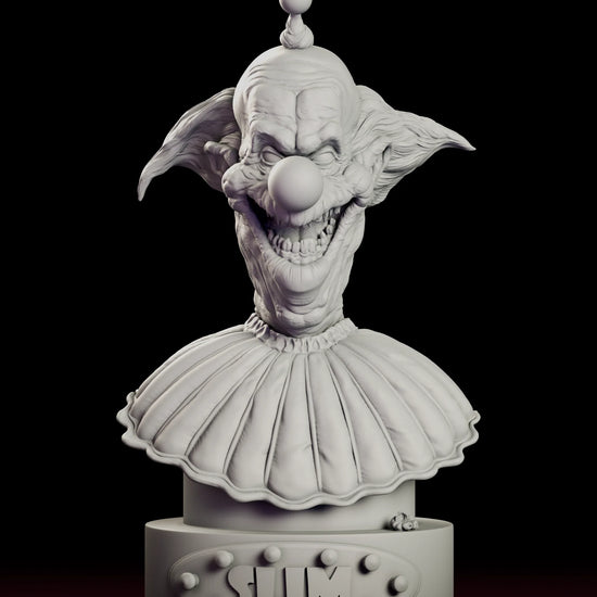 Full 360 degree turntable of the Slim bust figure model kit, showing the wrinkled clown head and pleated collar on a round plinth lettered with his name
