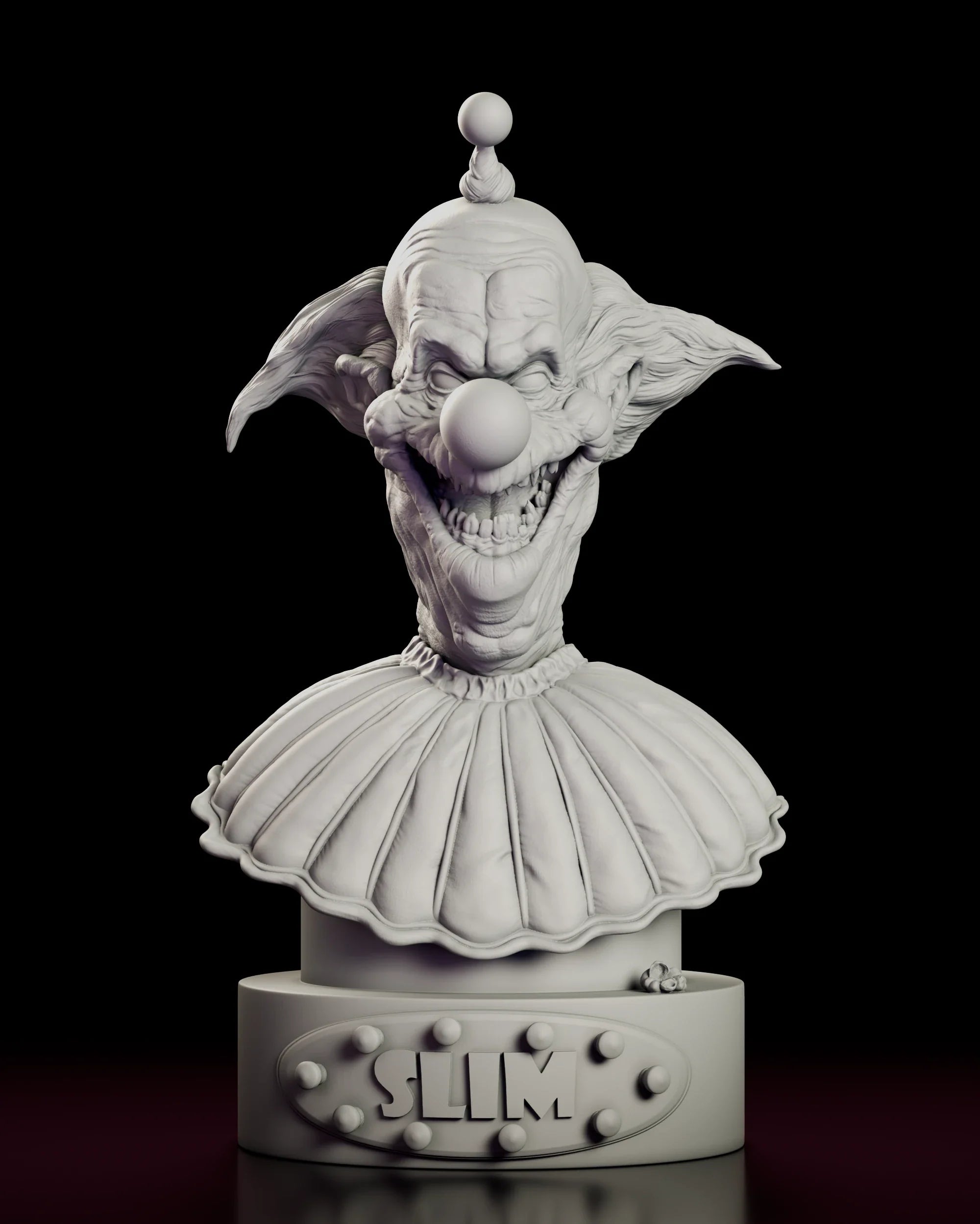 Full 360 degree turntable of the Slim bust figure model kit, showing the wrinkled clown head and pleated collar on a round plinth lettered with his name