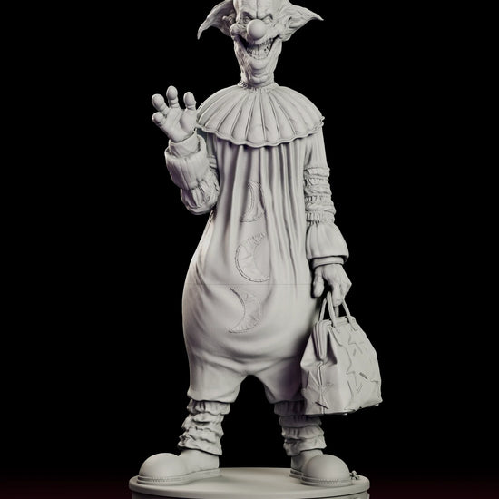 Full 360 degree turntable of the Slim figure model kit, showing the tall clown waving on a fairground plinth with a star-patched bag in his other hand