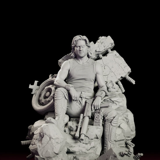 Rotating 360 degree view of the Snake Plissken figure model kit, seated on a base of shattered concrete and exposed rebar with one boot raised, a suppressed submachine gun across his lap and a salvaged wheel behind his shoulder