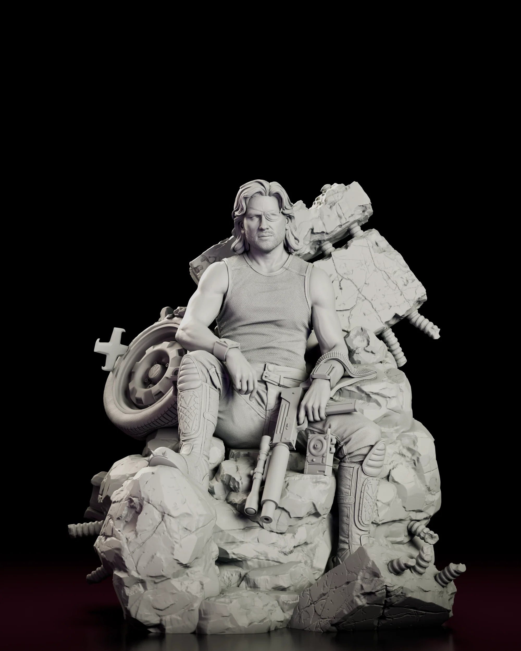 Rotating 360 degree view of the Snake Plissken figure model kit, seated on a base of shattered concrete and exposed rebar with one boot raised, a suppressed submachine gun across his lap and a salvaged wheel behind his shoulder