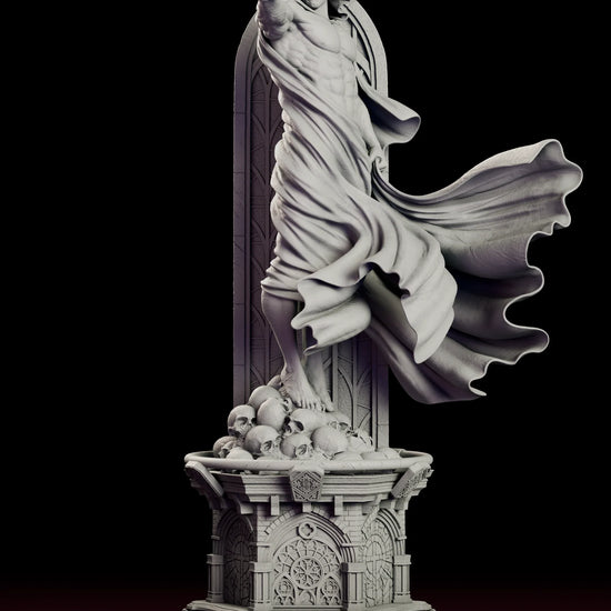 Rotating 360 degree view of the Spectre Kingdom Come figure model kit, showing the hooded figure with one hand raised, the spiralling cloak sweeping out behind, the pile of skulls underfoot and the carved gothic window rising the full height of the base