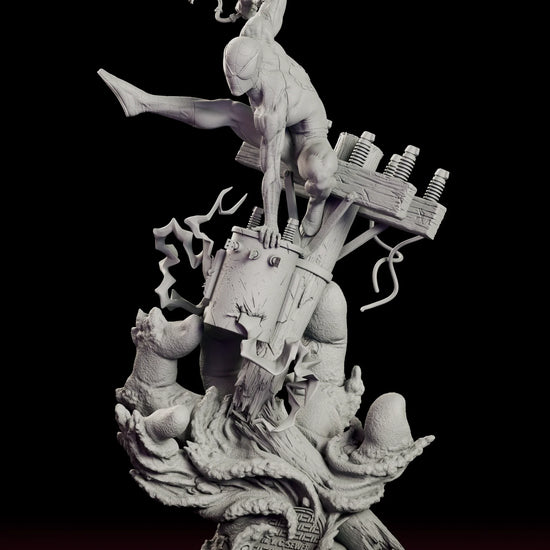 Rotating view of the Spider-Man figure model kit crouched on a toppled utility pole above a sparking transformer and Sandman's giant hand bursting through the street