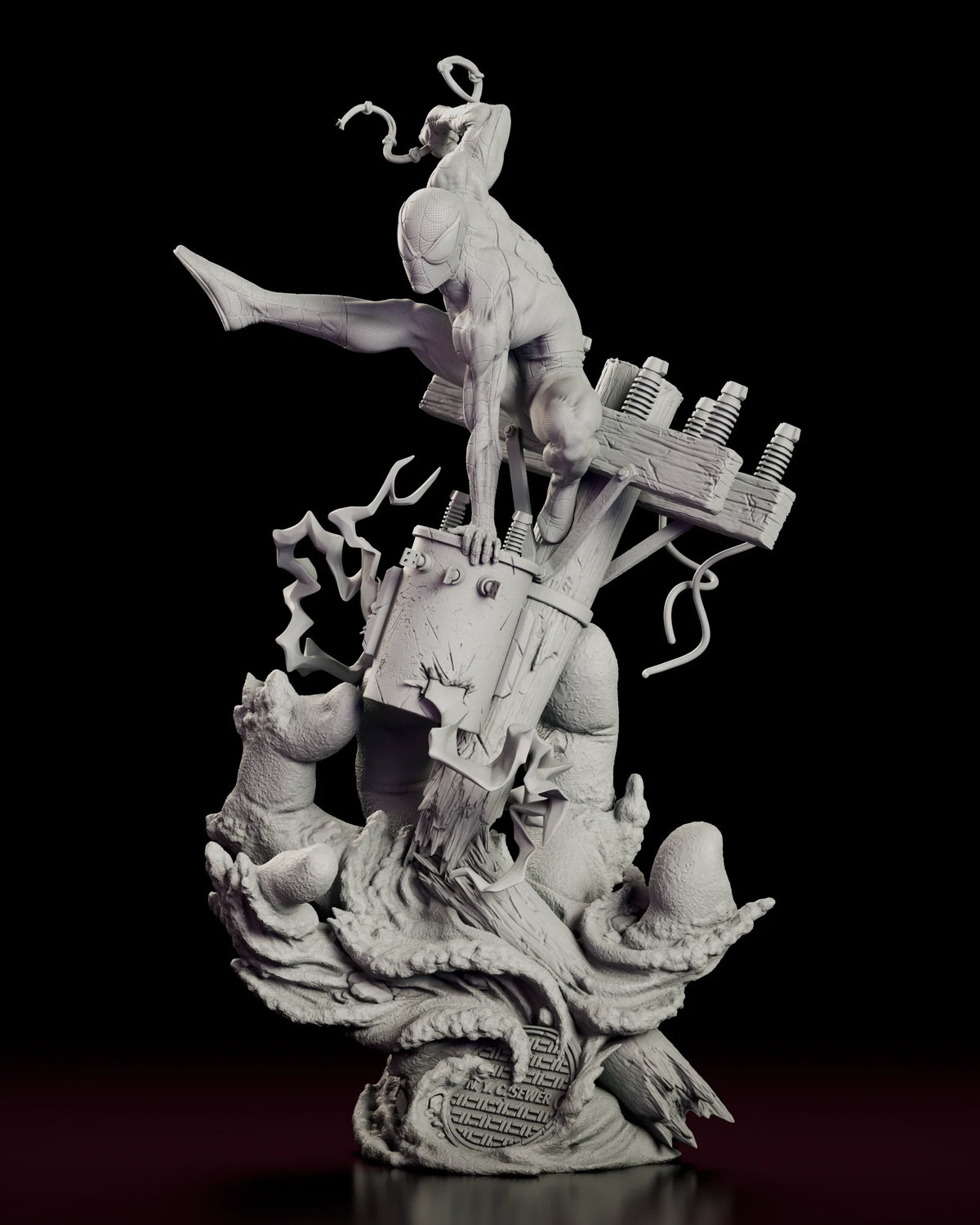 Rotating view of the Spider-Man figure model kit crouched on a toppled utility pole above a sparking transformer and Sandman's giant hand bursting through the street