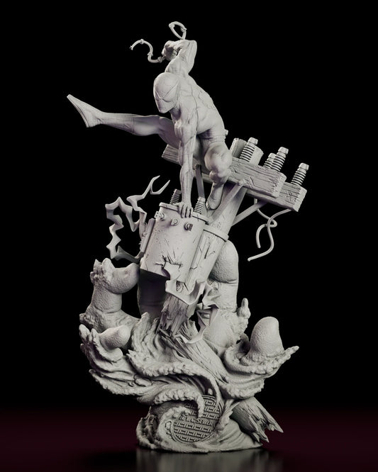 Rotating view of the Spider-Man figure model kit crouched on a toppled utility pole above a sparking transformer and Sandman's giant hand bursting through the street