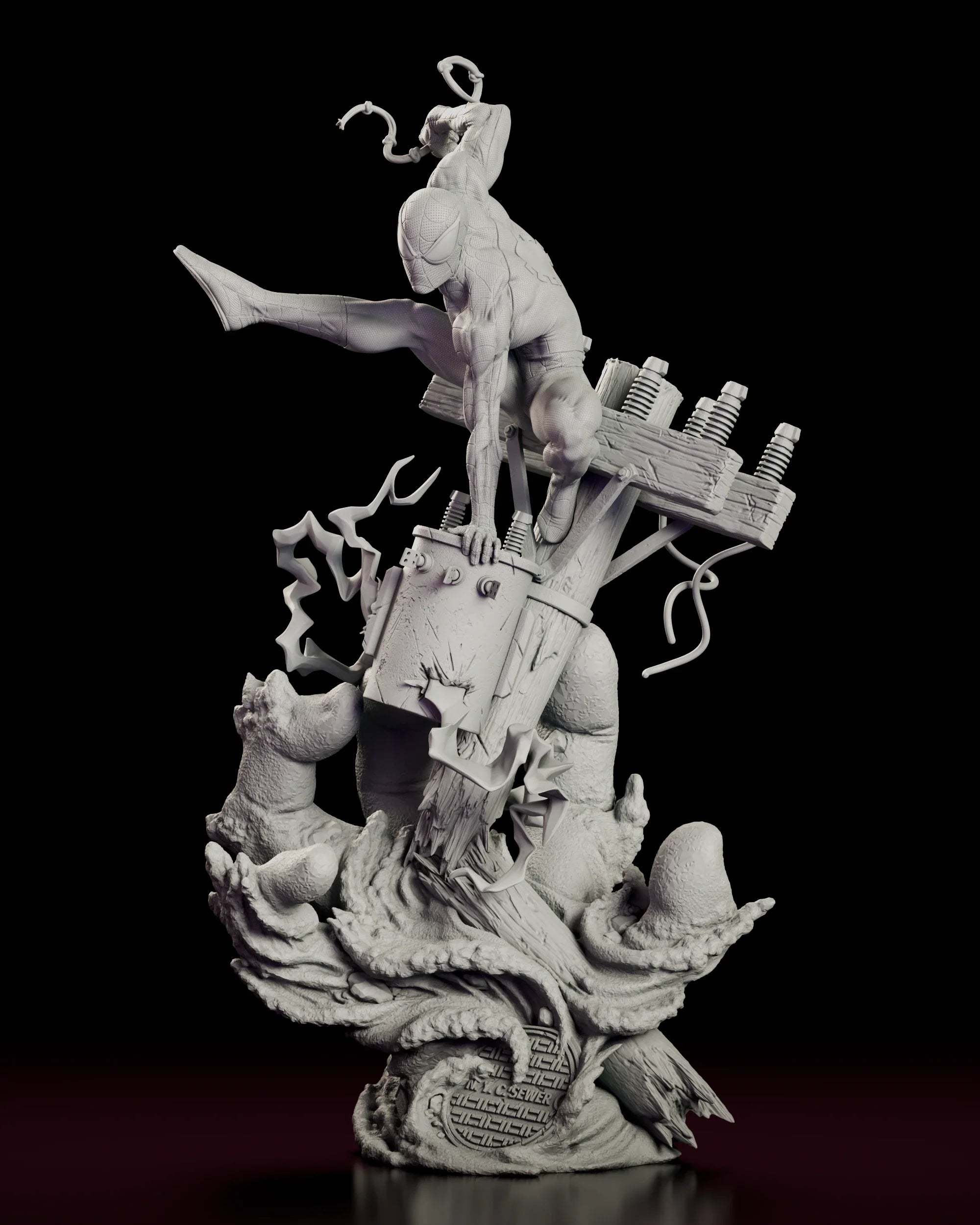 Rotating view of the Spider-Man figure model kit crouched on a toppled utility pole above a sparking transformer and Sandman's giant hand bursting through the street