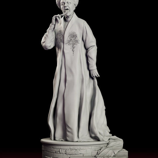 Rotating view of the Count Dracula figure model kit showing the robed count raising a straight razor on a round brick plinth with his train spilling over the step