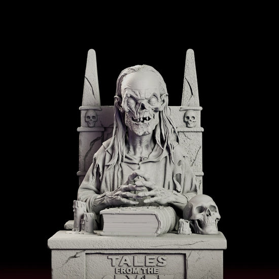 Rotating view of the Crypt Keeper figure model kit seated at his desk with a book, candles and skull
