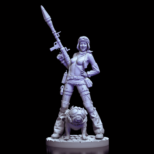 360-degree turntable video of the Tank Girl figure model kit featuring interchangeable heads, rocket launcher, and dynamic pose with bulldog companion.