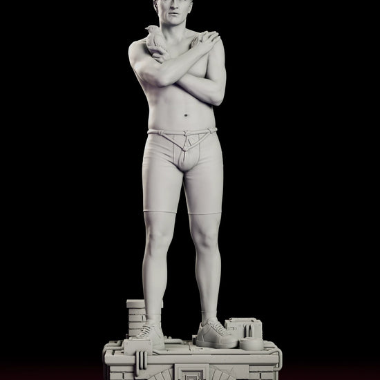 Turntable video of the Tears in the Rain Roy Batty figure model kit showing the bare-chested replicant cradling a dove with arms folded on a rooftop base with chimney and pipes