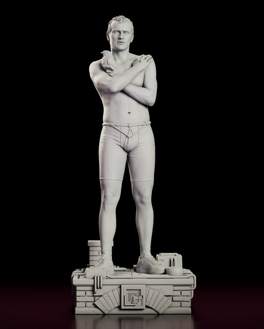 Turntable video of the Tears in the Rain Roy Batty figure model kit showing the bare-chested replicant cradling a dove with arms folded on a rooftop base with chimney and pipes