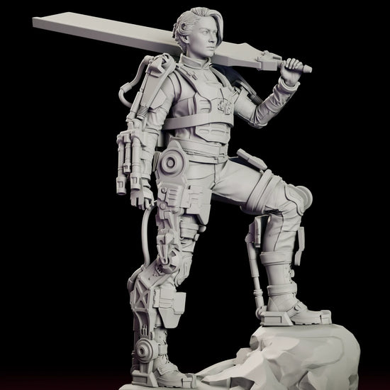 Rotating view of the Angel of Verdun - Rita Vrataski figure model kit, an armoured soldier with powered exo-frame braces on both legs and a helicopter rotor blade shouldered, standing with one boot raised on a broken rock base