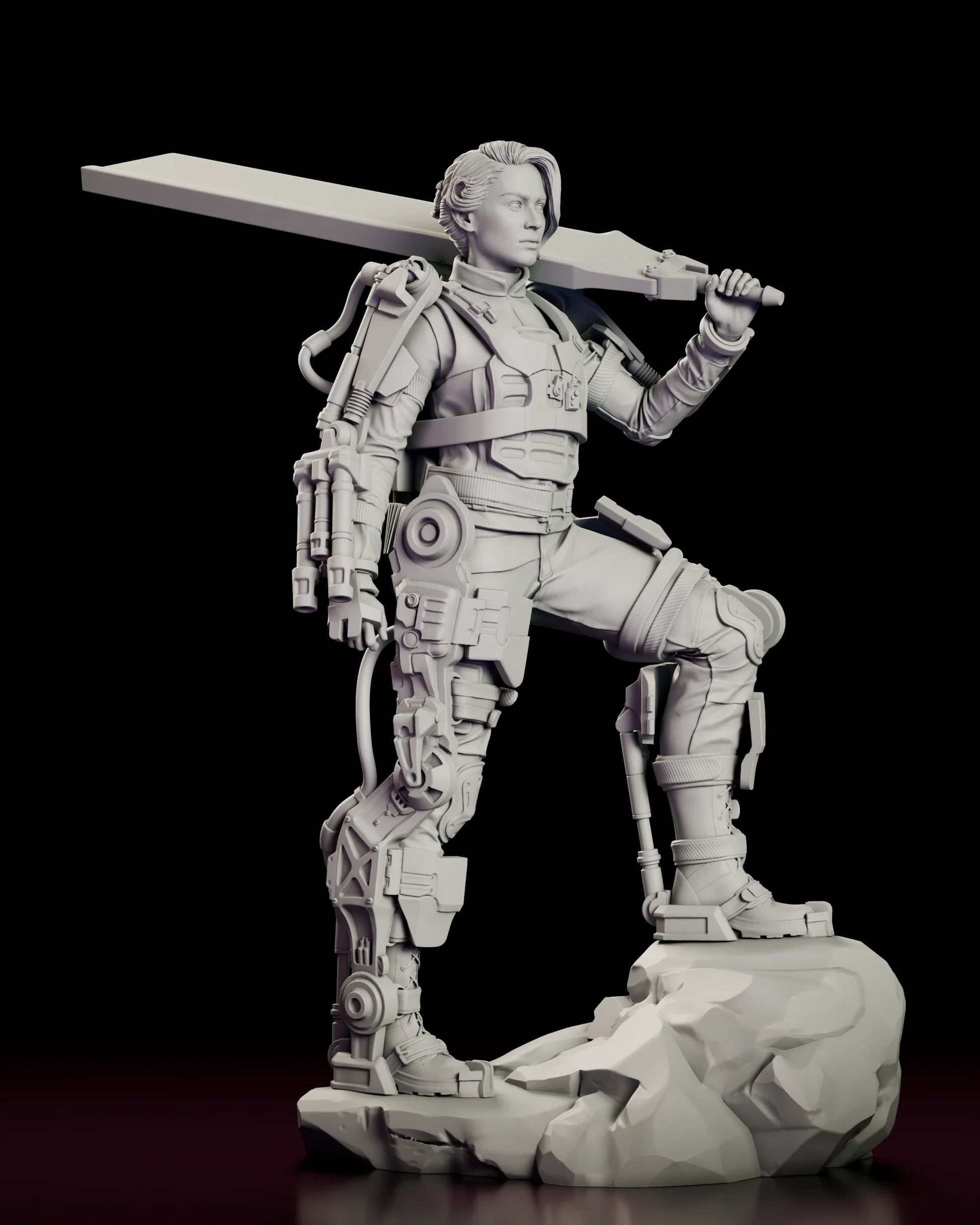 Rotating view of the Angel of Verdun - Rita Vrataski figure model kit, an armoured soldier with powered exo-frame braces on both legs and a helicopter rotor blade shouldered, standing with one boot raised on a broken rock base