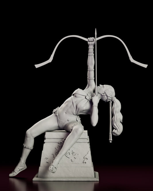 Rotating 360 degree view of The Archer figure model kit showing the archer arched backward over a carved stone altar at full draw with the bow held overhead