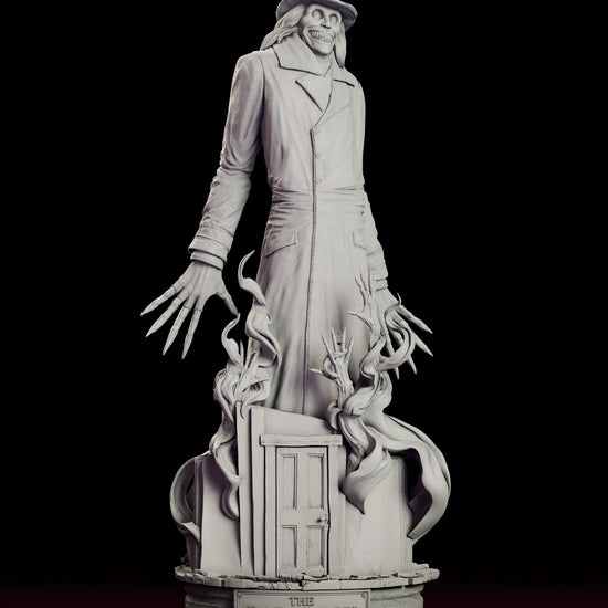 Rotating 360 degree view of the Babadook figure model kit, showing the tall top hat, grinning face, long tattered greatcoat and outstretched clawed fingers above a doorway base wreathed in curling shadow
