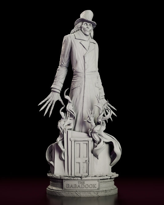 Rotating 360 degree view of the Babadook figure model kit, showing the tall top hat, grinning face, long tattered greatcoat and outstretched clawed fingers above a doorway base wreathed in curling shadow