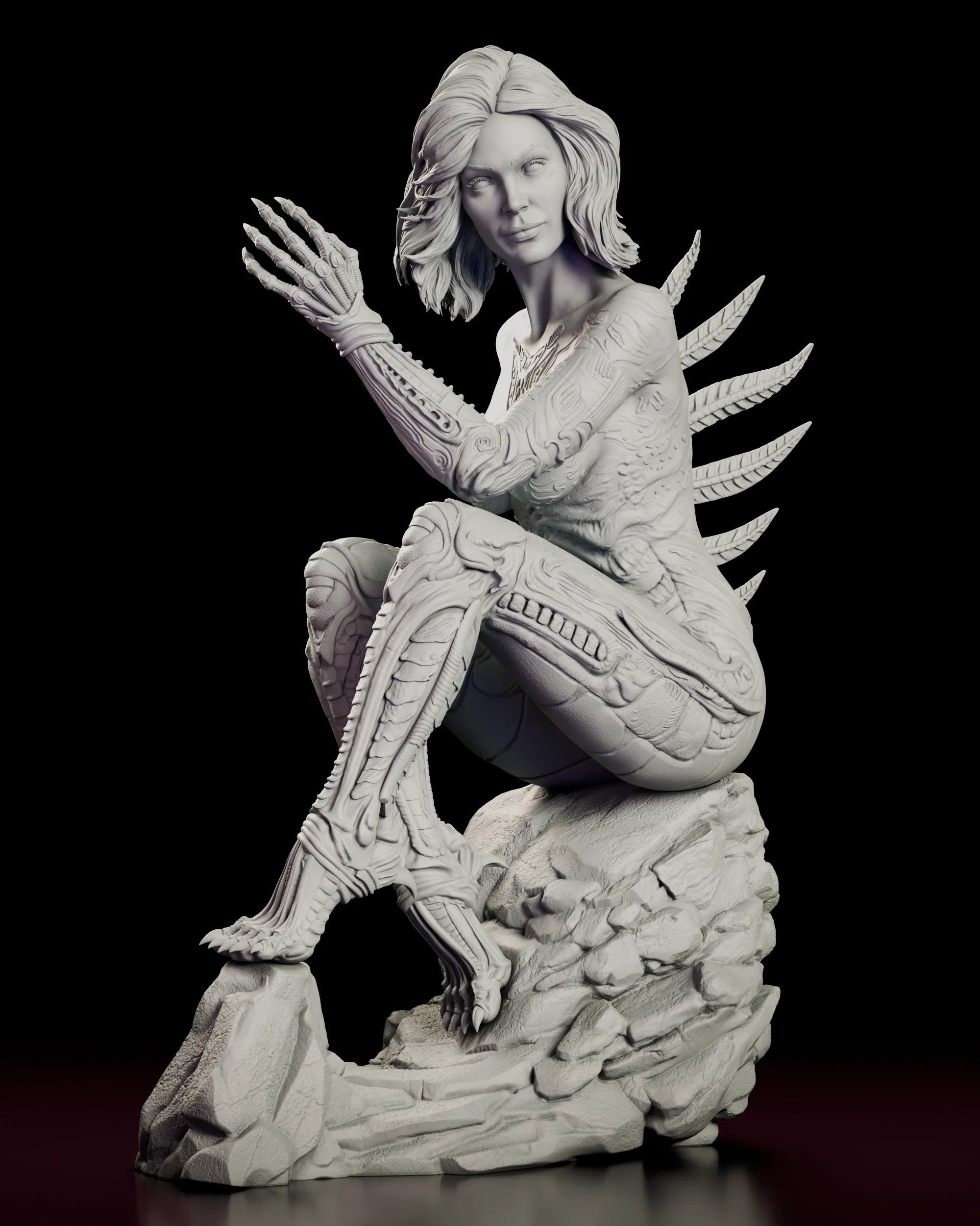 Rotating view of the Sil figure model kit, a crouching alien hybrid with a human face and biomechanical body on a rock base
