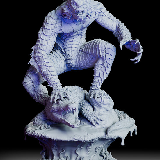 360 degree turntable view of The Creature figure model kit showing the scaled amphibious monster crouched over a crocodilian swamp base with optional portrait display details and full body sculpt texture.
