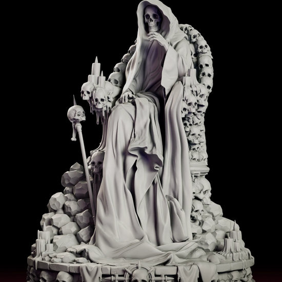 Turntable video of the Crimson King figure model kit showing the hooded skeletal king seated on a throne of skulls with candles, a skull-topped staff and a round skull-ringed base