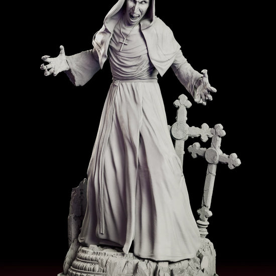 A 360 degree turntable view of the Valak figure model kit, showing the hooded demon nun with both arms spread wide on a graveyard base of cracked steps and leaning stone crosses