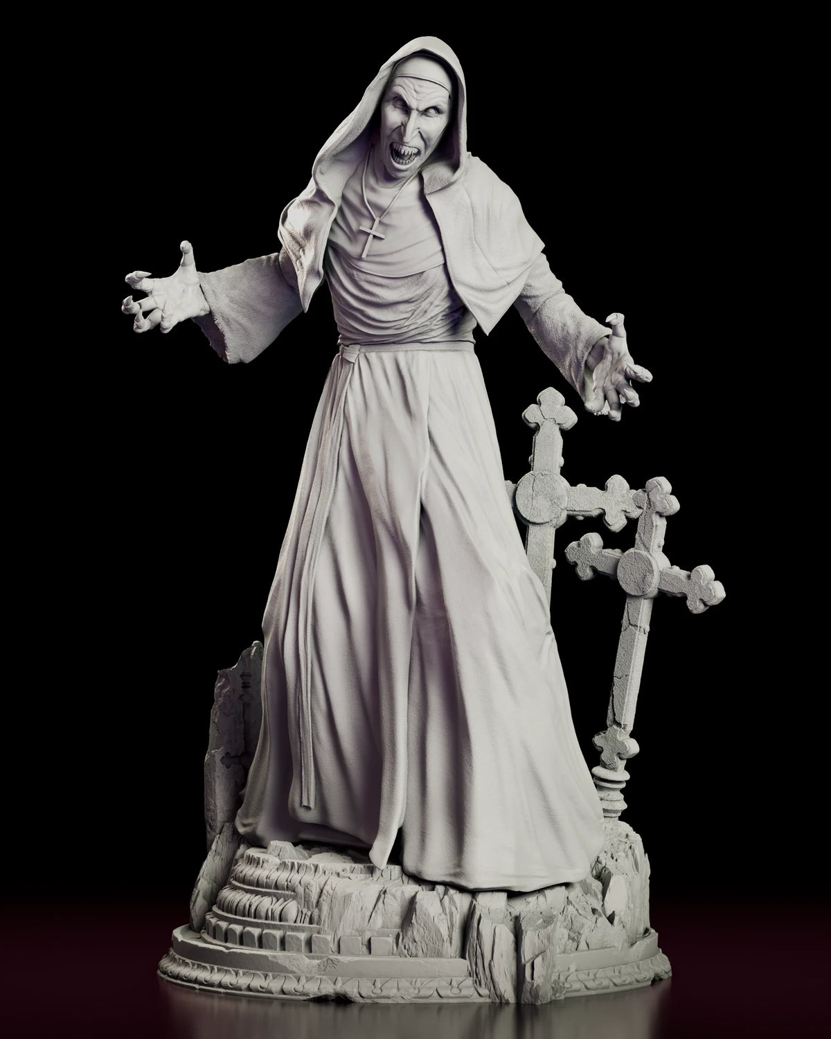 A 360 degree turntable view of the Valak figure model kit, showing the hooded demon nun with both arms spread wide on a graveyard base of cracked steps and leaning stone crosses