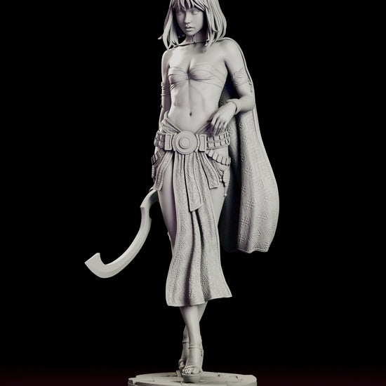Turntable video of the Desert Assassin Zahara figure model kit showing the cloaked assassin mid-stride with a crescent sword, patterned sash and medallion belt on a round flagstone base