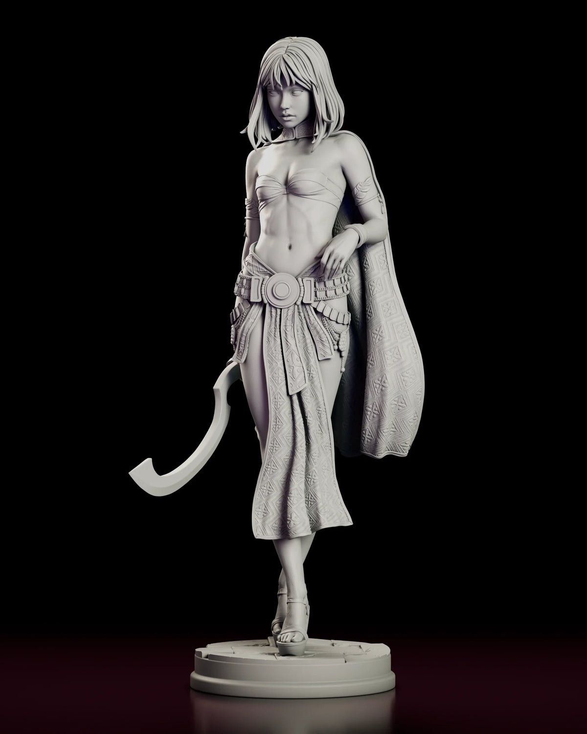 Turntable video of the Desert Assassin Zahara figure model kit showing the cloaked assassin mid-stride with a crescent sword, patterned sash and medallion belt on a round flagstone base