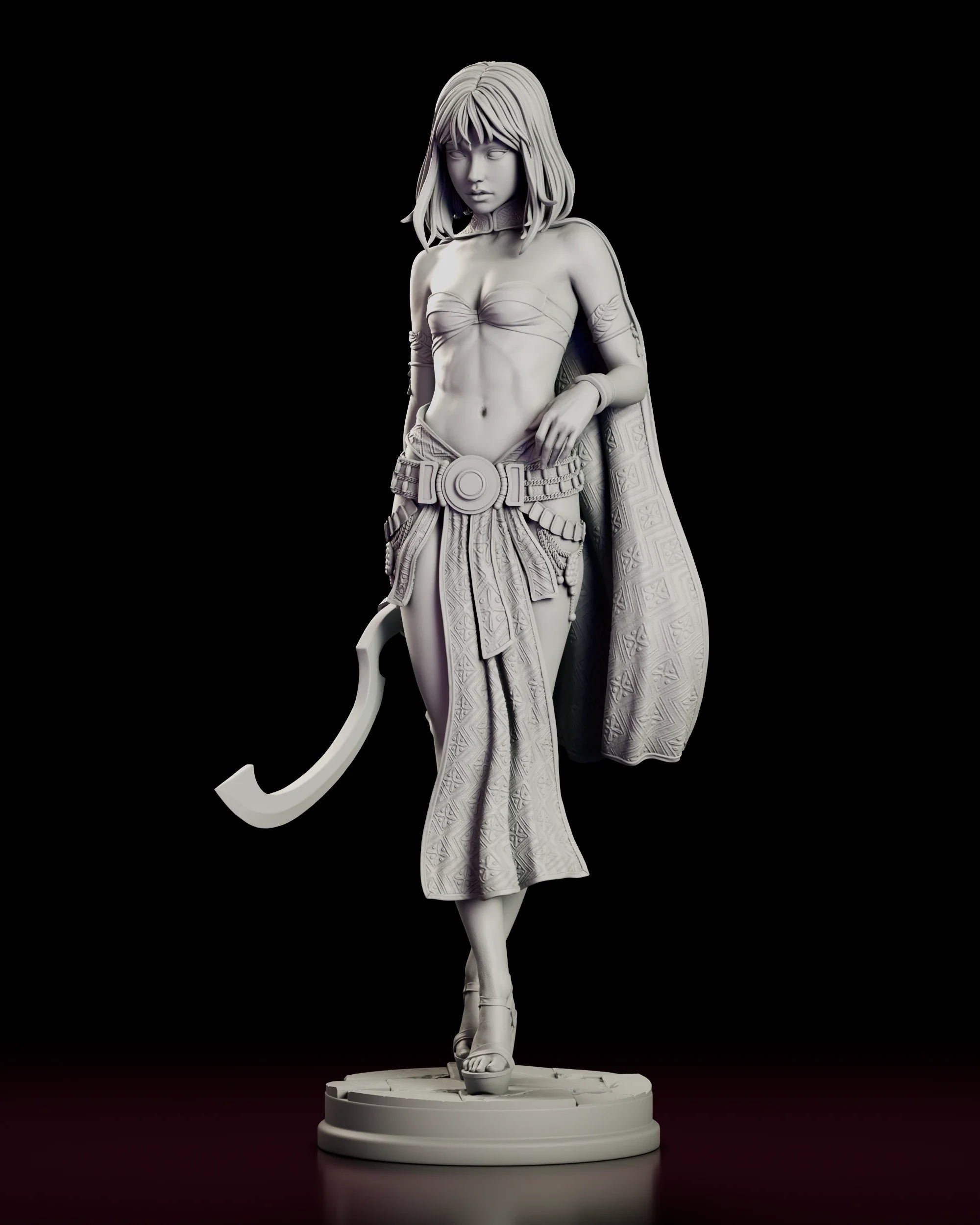 Turntable video of the Desert Assassin Zahara figure model kit showing the cloaked assassin mid-stride with a crescent sword, patterned sash and medallion belt on a round flagstone base