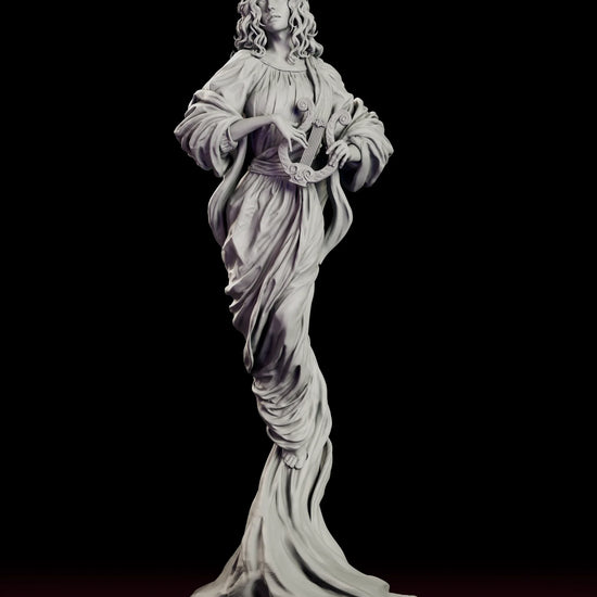 Turntable video of The Eternal Muse figure model kit showing a muse holding a lyre, her flowing robes spiralling down into the base