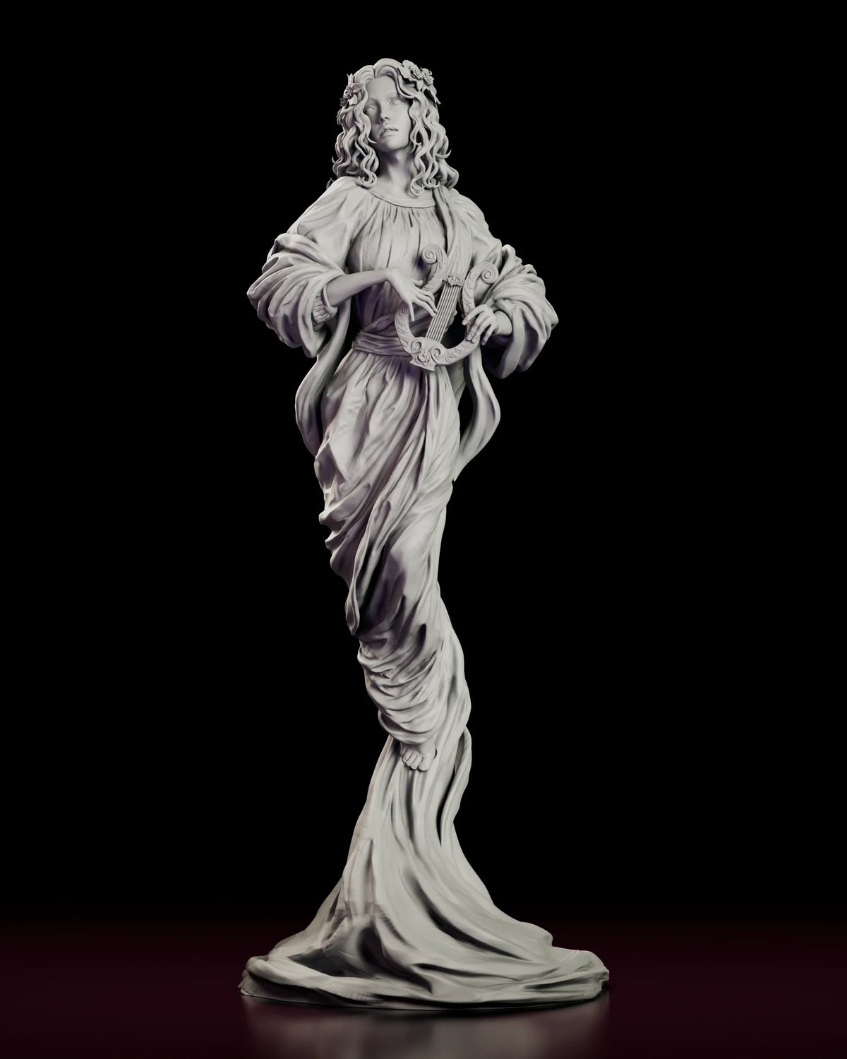Turntable video of The Eternal Muse figure model kit showing a muse holding a lyre, her flowing robes spiralling down into the base