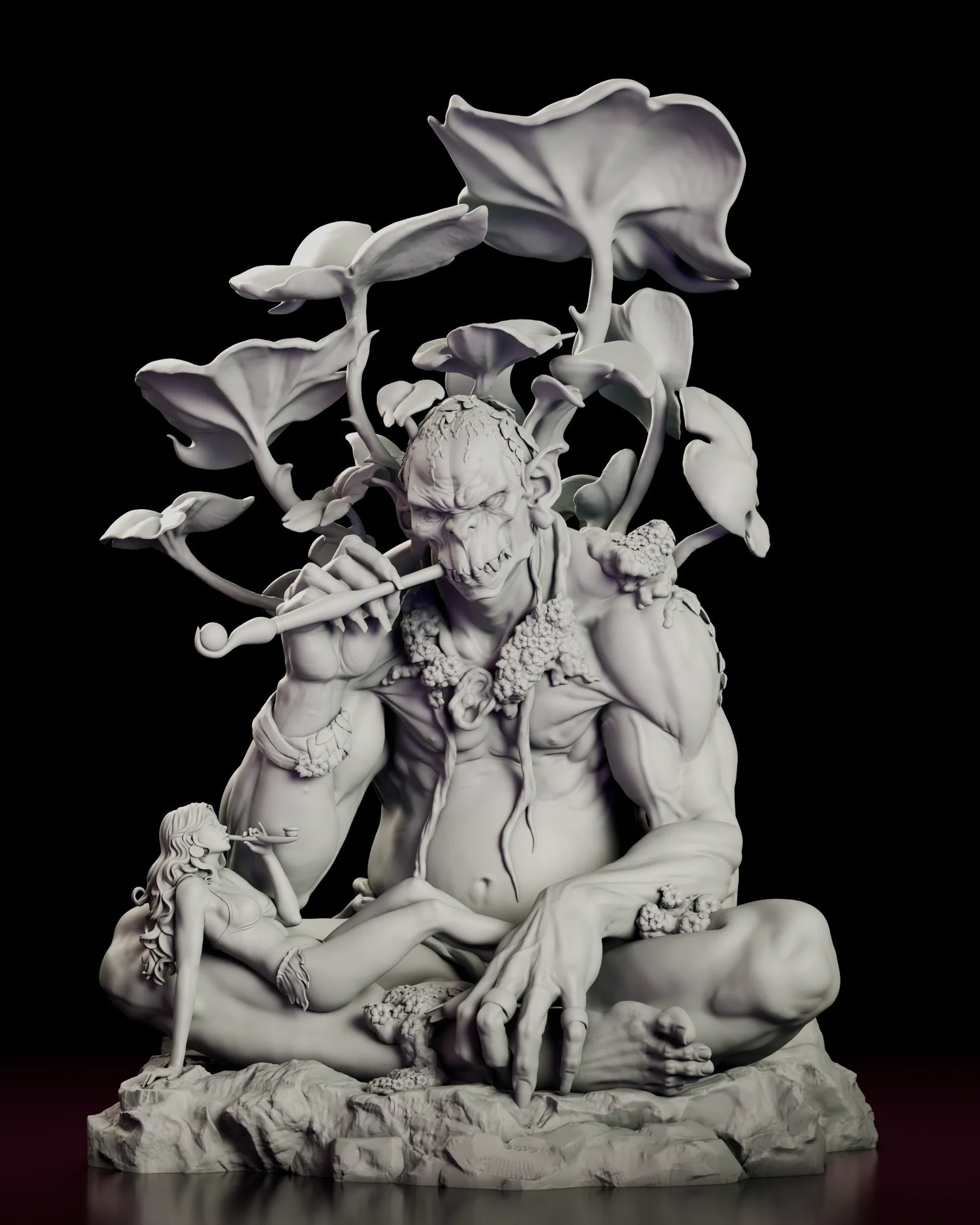 A 360 degree turntable view of The Forest Consort figure model kit, showing the cross-legged forest giant crowned with huge trumpet leaves and his reclining companion on a rock base