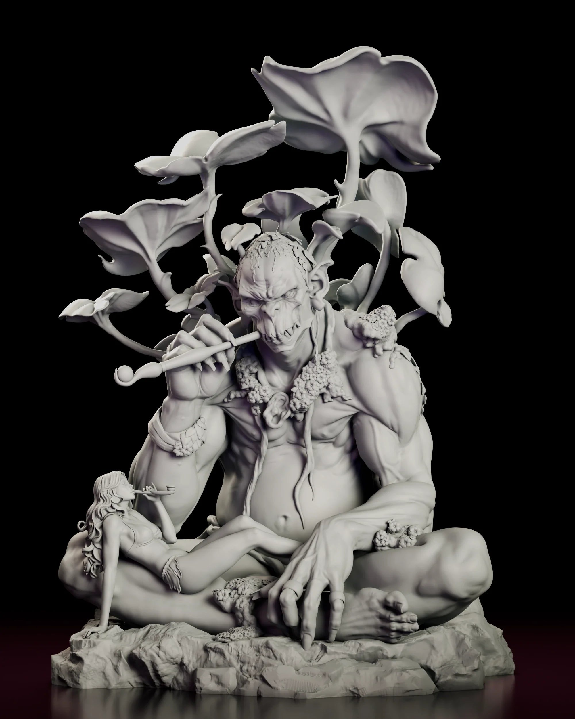 A 360 degree turntable view of The Forest Consort figure model kit, showing the cross-legged forest giant crowned with huge trumpet leaves and his reclining companion on a rock base
