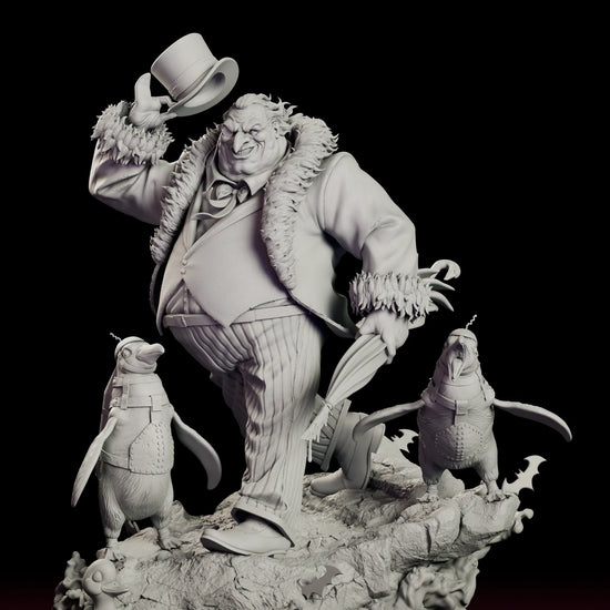 Rotating view of the Penguin figure model kit raising his top hat with two armoured penguins on a rubble base