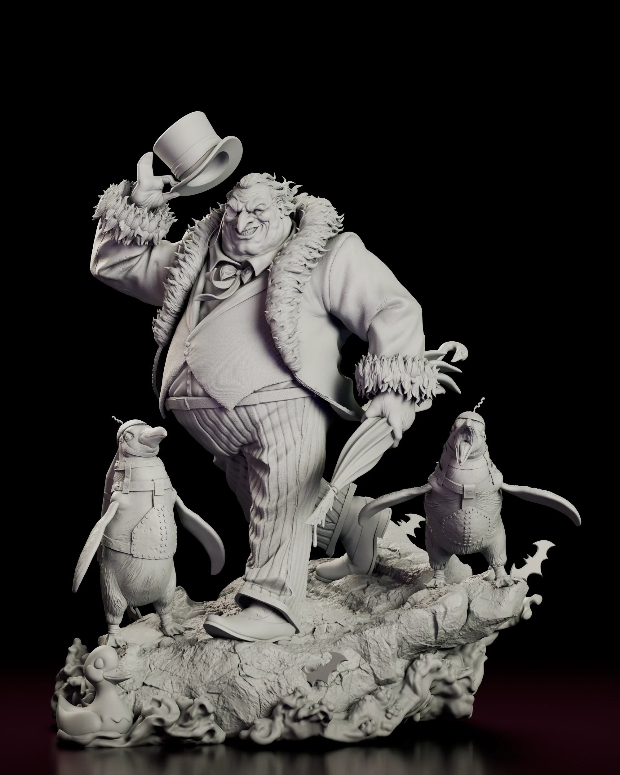 Rotating view of the Penguin figure model kit raising his top hat with two armoured penguins on a rubble base