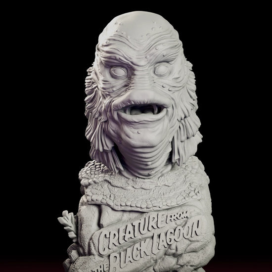 Turntable video of The Gill Man Bust figure model kit showing the creature's scaled head and flared gills rising from a rock base lettered with the film title